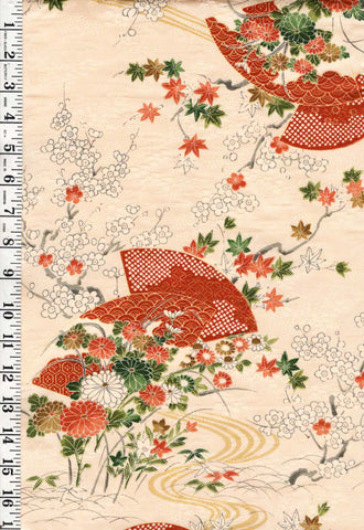 * Japanese Silk - Fans, Cherry Blossoms, Mums & River Swirls - Cream - 1 2/3 yards - ON SALE