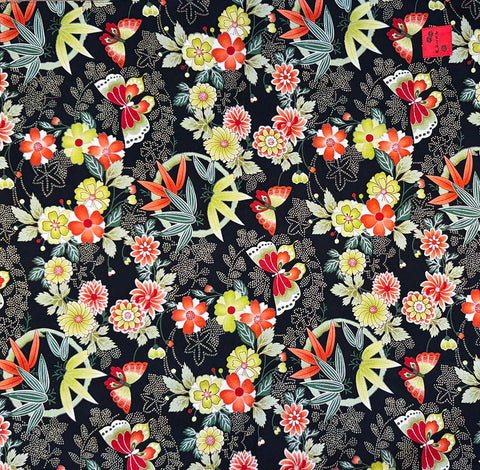 Furoshiki - Japanese Wrapping Cloth - Bamboo, Flowers & Butterflies - Black - Naomi Itaya - ONE ONLY