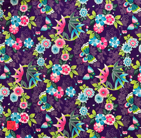 Furoshiki - Japanese Wrapping Cloth - Bamboo, Flowers & Butterflies - Purple - Naomi Itaya