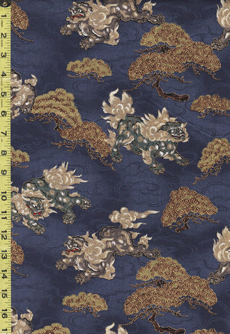 *Japanese - Naka Foo Dogs & Japanese Pines - N-2700-10C - Navy - 17 Inch Piece