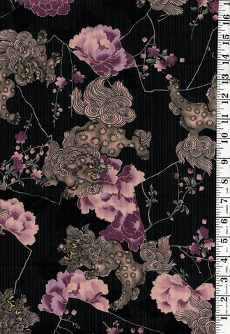 *Japanese - KOKKA - Foo Dogs & Peonies - Black & Gray Mini Stripe - Lavender Peonies
