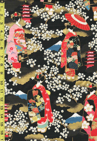 *Japanese - Cosmo Maiko Geisha, Cherry Blossoms & Pagoda - Shantung Dobby Weave - AP32703-2E - Black - Last 1 2/3 Yards