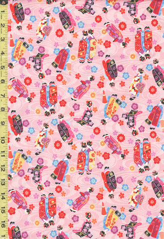 Japanese - Cosmo Small Colorful Maiko Geisha & Floating Blossoms - AP35411-2B - Pink