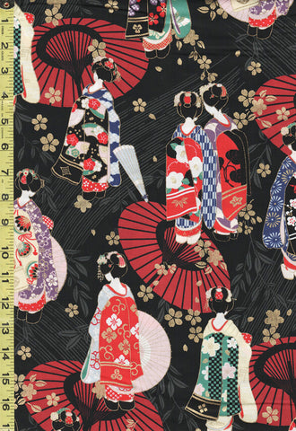 *Japanese - Cosmo Geisha, Umbrellas & Floating Blossoms - AP35412-E - Black - Last 2 Yards