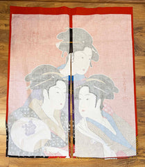Japanese Noren - Doorway Curtain - THREE GEISHA - Dark Red-Orange (Small Flaw) - ON SALE - SAVE 40%