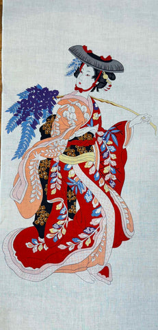 Tenugui - Japanese Scarf, Head Wrap or Craft Fabric - Geisha in Red Kimono with Wisteria