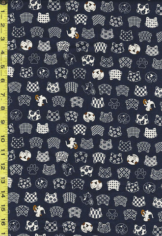 *Japanese Novelty - Hishiei Small Sleeping Cats, Cats with Coins & Cat Faces with Motifs - H-6856-3B - Navy