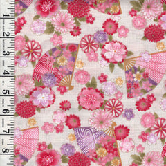 *Japanese - Hishiei - Colorful Floating Flowers & Floral Fans - Dobby Weave - H-7121-6A - Cream - By the Half Yard