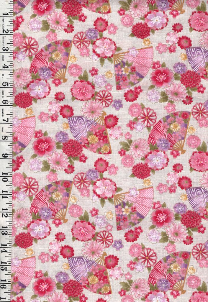 *Japanese - Hishiei - Colorful Floating Flowers & Floral Fans - Dobby Weave - H-7121-6A - Cream - By the Half Yard