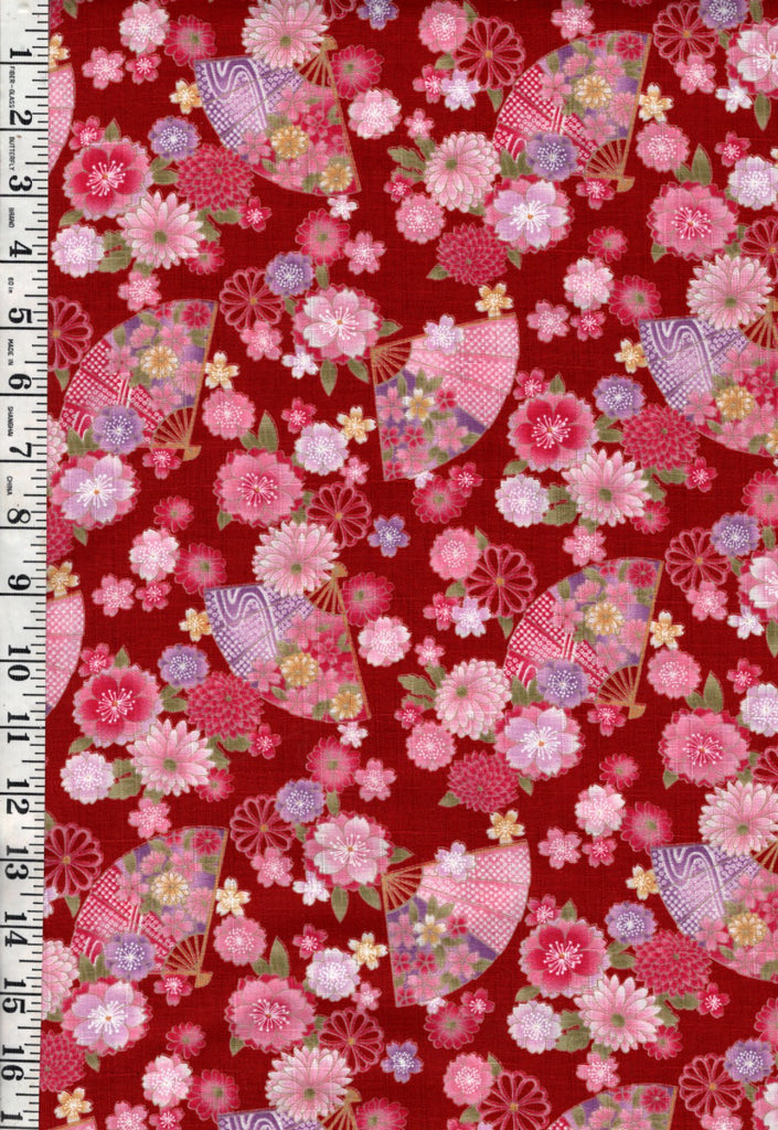*Japanese - Hishiei - Colorful Floating Flowers & Floral Fans - Dobby Weave - H-7121-6B - Red - By the Half Yard