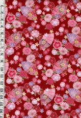 *Japanese - Hishiei - Colorful Floating Flowers & Floral Fans - Dobby Weave - H-7121-6B - Red - By the Half Yard