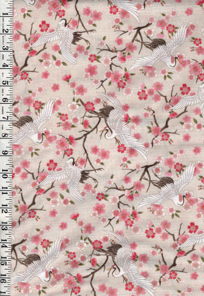 *Japanese - Hishiei Small Flying Cranes & Cherry Blossoms - Dobby Weave - H-7121-7A - Cream - By the Half Yard