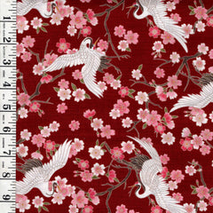 *Japanese - Hishiei Small Flying Cranes & Cherry Blossoms - Dobby Weave - H-7121-7B - Red - By the Half Yard