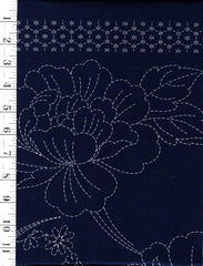 Sashiko Pre-printed Panel - HM-53 - PEONIES - Sashiko Pre-printed Panel - DARK NAVY - iNDIGO