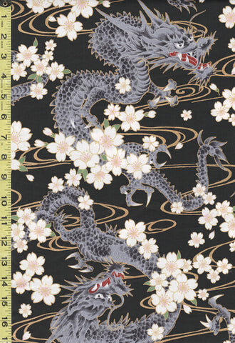 Quilt Gate - Hyakka Ryoran - Dragons, Cherry Blossoms & River Swirls - HR3440-11E-Black - Last 2 1/4 Yards