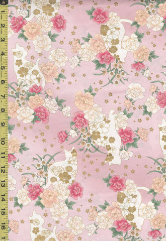 Quilt Gate - Cats, Peonies & Small Floating Blossoms - HR3430-11B - Pink - 2/3 Yard Piece