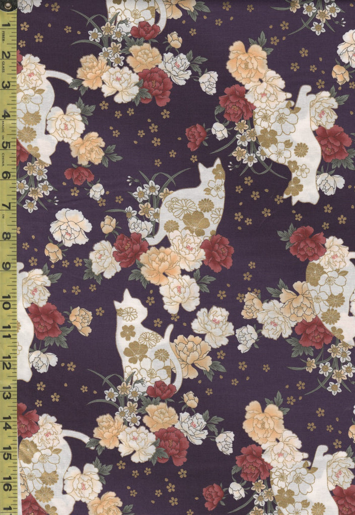 Quilt Gate - Cats, Peonies & Small Floating Blossoms - HR3430-11C - Purple - By the Half Yard