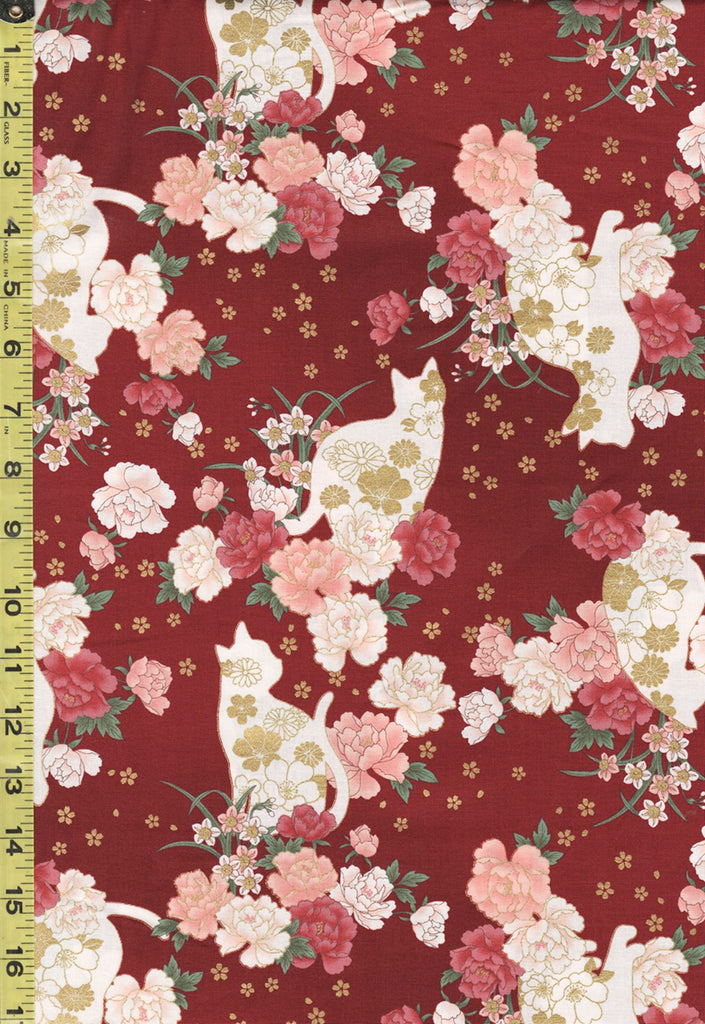 Quilt Gate - Cats, Peonies & Small Floating Blossoms - HR3430-11D - Dark Red - By the Half Yard