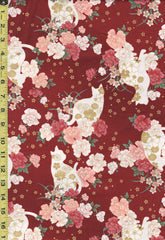 Quilt Gate - Cats, Peonies & Small Floating Blossoms - HR3430-11D - Dark Red - By the Half Yard
