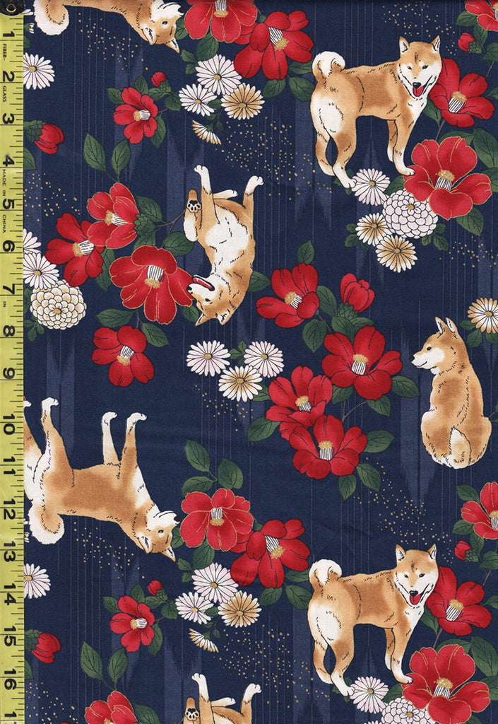 Quilt Gate - Shiba Inu & Camellias - HR3430-12E - Navy - By the Half Yard