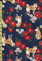 Quilt Gate - Shiba Inu & Camellias - HR3430-12E - Navy - By the Half Yard