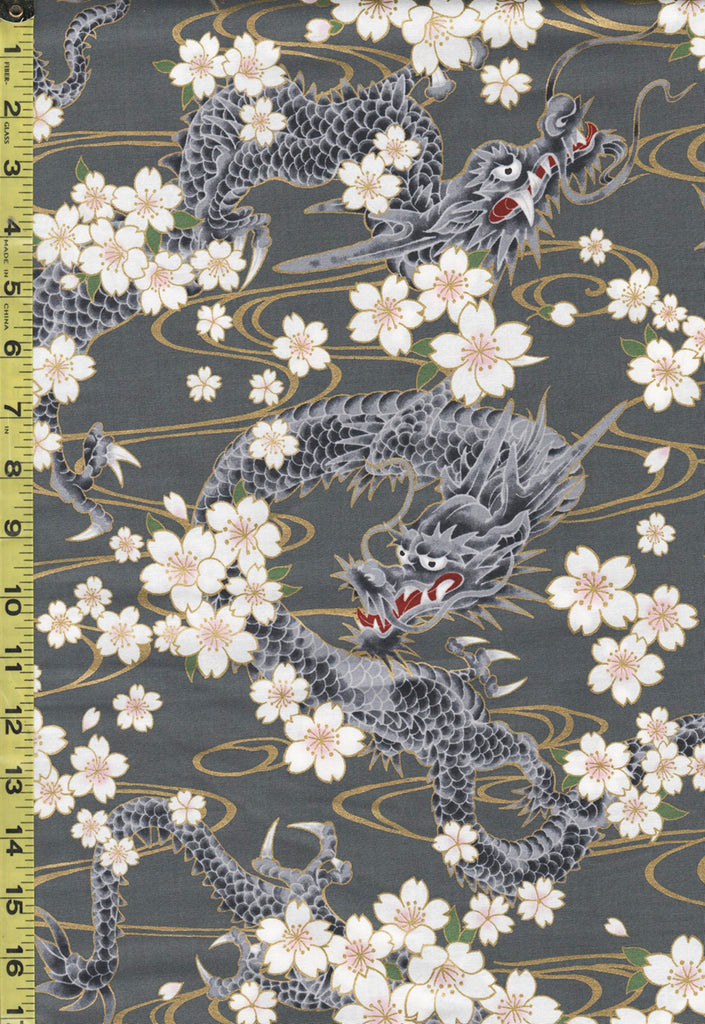 Quilt Gate - Hyakka Ryoran - Dragons, Cherry Blossoms & River Swirls - HR3440-11B - Gray - By the Half Yard