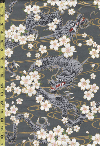 Quilt Gate - Hyakka Ryoran - Dragons, Cherry Blossoms & River Swirls - HR3440-11B - Gray - Last 2/3 Yard