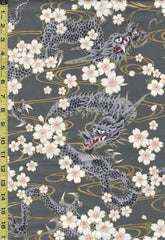 Quilt Gate - Hyakka Ryoran - Dragons, Cherry Blossoms & River Swirls - HR3440-11B - Gray - By the Half Yard
