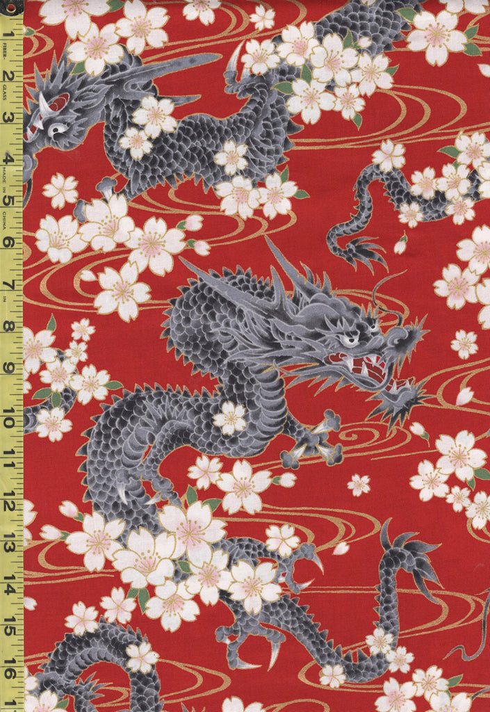 Quilt Gate - Hyakka Ryoran - Dragons, Cherry Blossoms & River Swirls - HR3440-11C - Red - By the Half Yard