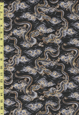 SALE - Quilt Gate - Hyakka Ryoran - Dragons & Clouds - HR3440-12E - Black - SAVE 50% - 2/3 Yard Piece