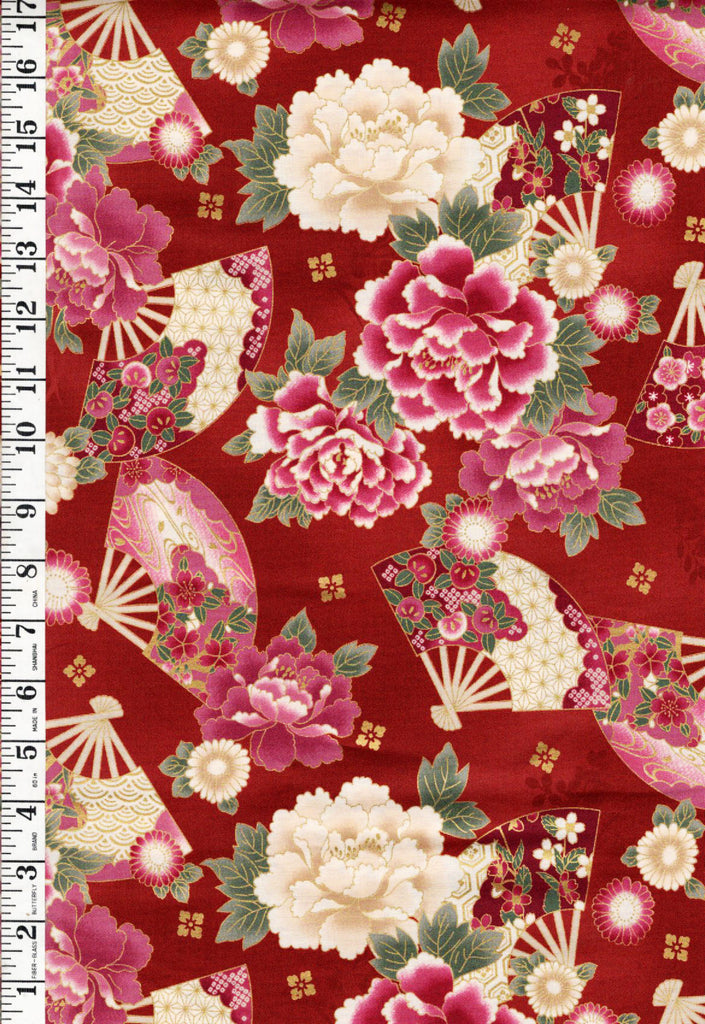 *Quilt Gate - Auspicious Collection - Floating Peonies & Floral Fans - HR3460-11C - Brick - By the Half Yard