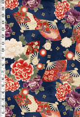 *Quilt Gate - Auspicious Collection - Floating Peonies & Floral Fans - HR3460-11D - Navy - By the Half Yard