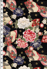 *Quilt Gate - Auspicious Collection - Floating Peonies & Floral Fans - HR3460-11E - Black - By the Half Yard