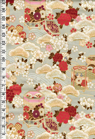 *Quilt Gate - Auspicious Collection - Floral Gift Boxes, Peonies, Pines & Cherry Blossoms - HR3460-12C - Seafoam - By the Half Yard