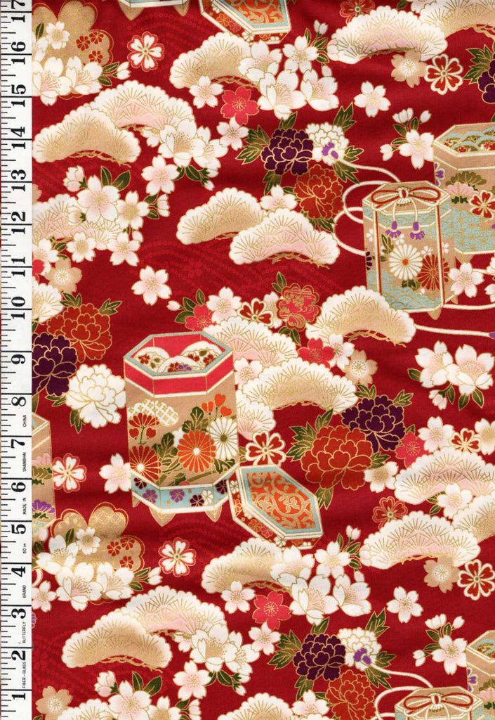 *Quilt Gate - Auspicious Collection - Floral Gift Boxes, Peonies, Pines & Cherry Blossoms - HR3460-12D - Red - By the Half Yard