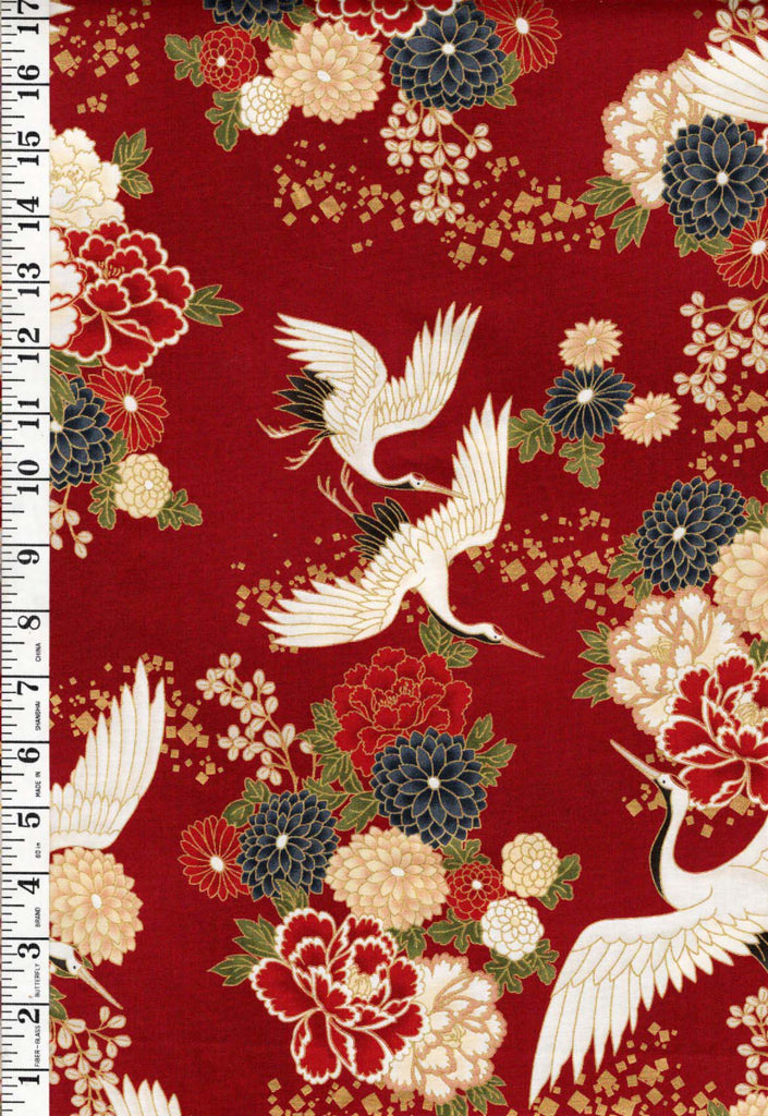 *Quilt Gate - Auspicious Collection - Flying Cranes & Floral Blossoms - HR3460-13D - Red - By the Half Yard