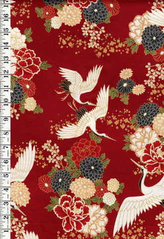 *Quilt Gate - Auspicious Collection - Flying Cranes & Floral Blossoms - HR3460-13D - Red - By the Half Yard