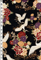 *Quilt Gate - Auspicious Collection - Flying Cranes & Floral Blossoms - HR3460-13F - Black - By the Half Yard