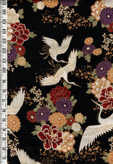 *Quilt Gate - Auspicious Collection - Flying Cranes & Floral Blossoms - HR3460-13F - Black - By the Half Yard