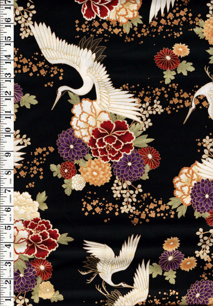 *Quilt Gate - Auspicious Collection - Flying Cranes & Floral Blossoms - HR3460-13F - Black - By the Half Yard