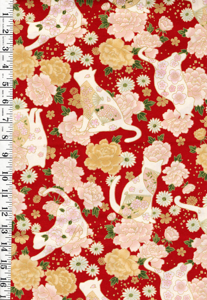 *Quilt Gate - Hana & Neko - Floral Cats, Fans & Peonies - HR3480-12C - Red - By the Half Yard