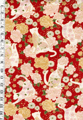 *Quilt Gate - Hana & Neko - Floral Cats, Fans & Peonies - HR3480-12C - Red - By the Half Yard