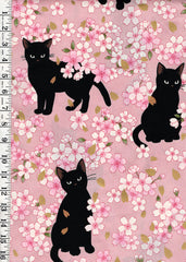 *Quilt Gate - Neko Black Cats & Cherry Blossoms - HR3520-11B - Pink - By the Half Yard