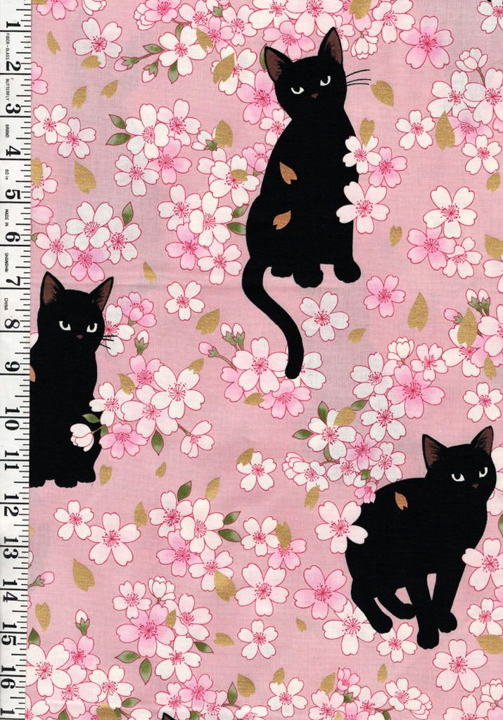 *Quilt Gate - Neko Black Cats & Cherry Blossoms - HR3520-11B - Pink - By the Half Yard