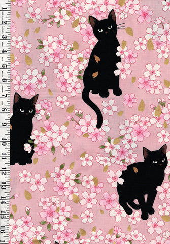 *Quilt Gate - Neko Black Cats & Cherry Blossoms - HR3520-11B - Pink - By the Half Yard