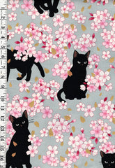 *Quilt Gate - Neko Black Cats & Cherry Blossoms - HR3520-11C - Blue - By the Half Yard