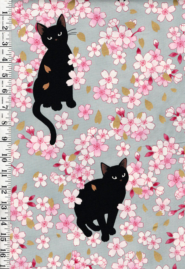 *Quilt Gate - Neko Black Cats & Cherry Blossoms - HR3520-11C - Blue - By the Half Yard
