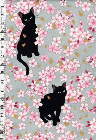*Quilt Gate - Neko Black Cats & Cherry Blossoms - HR3520-11C - Blue - By the Half Yard - Last 5/8 Yard