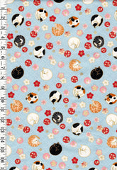 *Quilt Gate - Sleeping Cats & Floating Cherry Blossoms - Gold Metallic - HR3550-12C - Blue - By the Half Yard