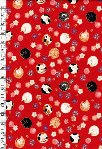 *Quilt Gate - Sleeping Cats & Floating Cherry Blossoms - Gold Metallic - HR3550-12D - Red - By the Half Yard